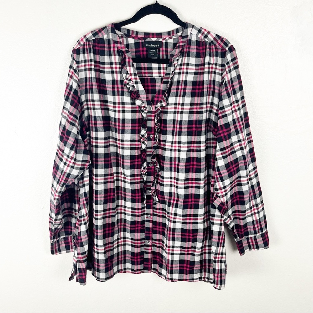 LANE BRYANT Plaid Long Sleeves Ruffle Accent Button Top, Size 26/28